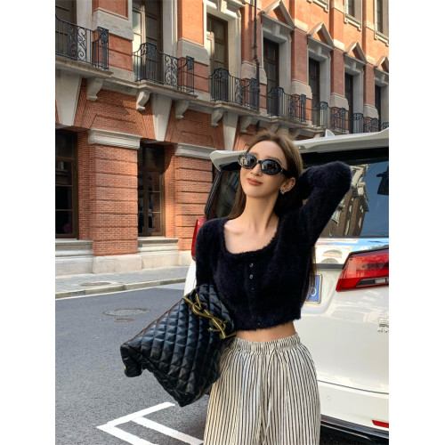 聖誕綠色方領打底毛衣女春裝修身復古長袖針織衫高腰露臍短款上衣