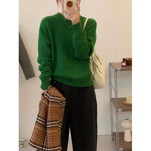 聖誕綠色圓領套頭毛衣女秋冬加厚2024新款女裝內搭打底針織衫上衣