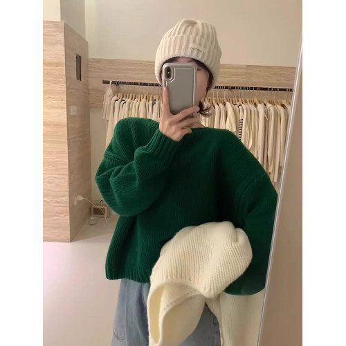 新款復古聖誕綠色一字領羊毛毛衣針織衫女韓系短款減齡上衣打底衫