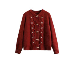 日系復古刺綉牛角釦毛衣開衫外套女小個子聖誕紅色甜美針織衫加厚