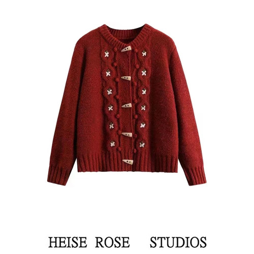 日系復古刺綉牛角釦毛衣開衫外套女小個子聖誕紅色甜美針織衫加厚