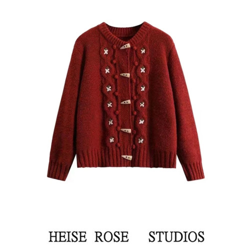 日系復古刺綉牛角釦毛衣開衫外套女小個子聖誕紅色甜美針織衫加厚