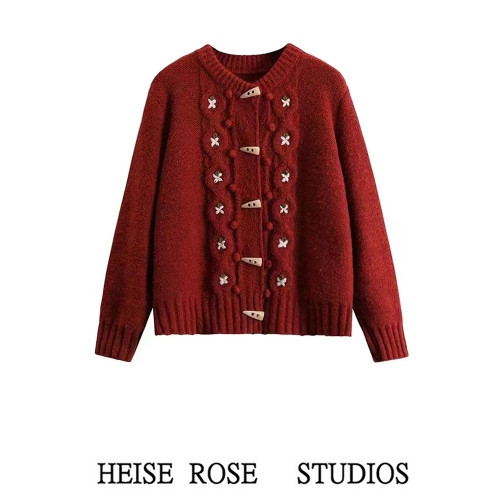 日系復古刺綉牛角釦毛衣開衫外套女小個子聖誕紅色甜美針織衫加厚