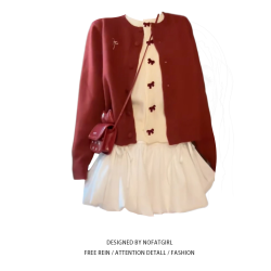 大碼胖妹妹聖誕紅色蝴蝶結毛衣開衫女秋冬設計感假兩件針織衫上衣