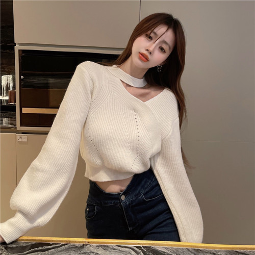 聖誕紅色掛脖毛衣打底衫女2025春秋季新款小心機別致高腰短款上衣