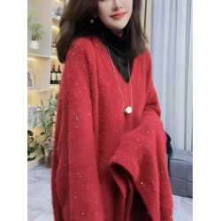 春秋聖誕紅色中長款毛衣女寬松慵懶鏤空小心機洋氣時尚套頭針織衫