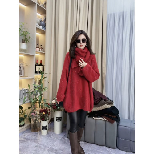 春秋聖誕紅色中長款毛衣女寬松慵懶鏤空小心機洋氣時尚套頭針織衫