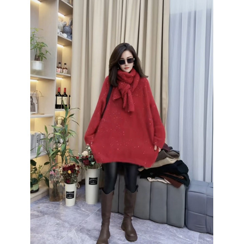 春秋聖誕紅色中長款毛衣女寬松慵懶鏤空小心機洋氣時尚套頭針織衫