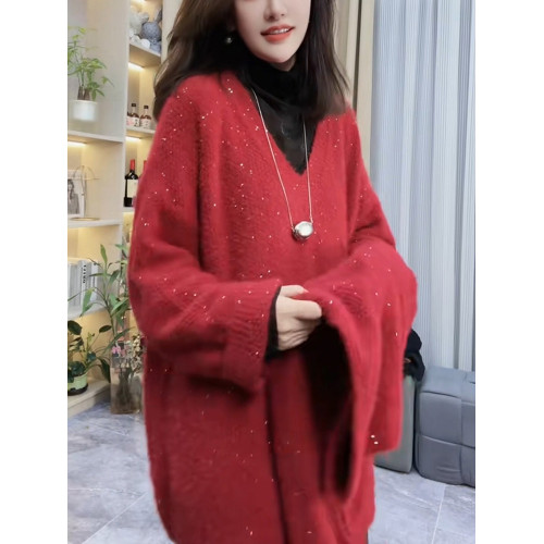 春秋聖誕紅色中長款毛衣女寬松慵懶鏤空小心機洋氣時尚套頭針織衫