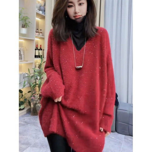 春秋聖誕紅色中長款毛衣女寬松慵懶鏤空小心機洋氣時尚套頭針織衫