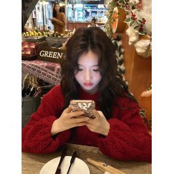 聖誕紅色軟糯寬松套頭泡泡袖毛衣女秋冬慵懶高級感小香風內搭外穿