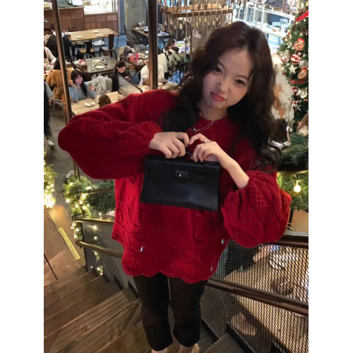 聖誕紅色軟糯寬松套頭泡泡袖毛衣女秋冬慵懶高級感小香風內搭外穿