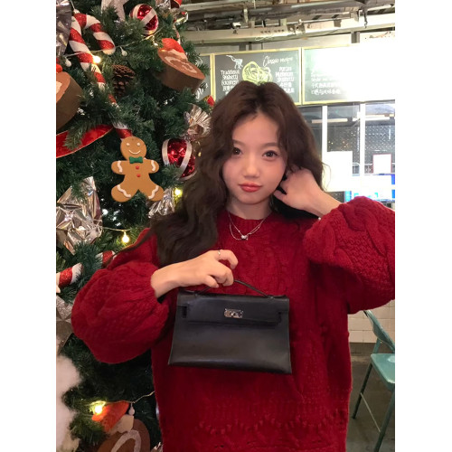 聖誕紅色軟糯寬松套頭泡泡袖毛衣女秋冬慵懶高級感小香風內搭外穿