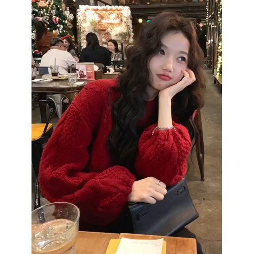 聖誕紅色軟糯寬松套頭泡泡袖毛衣女秋冬慵懶高級感小香風內搭外穿