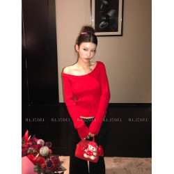 聖誕紅色露肩麻花毛衣女冬季法式拉夫風辣妹新年大圓領針織上衣