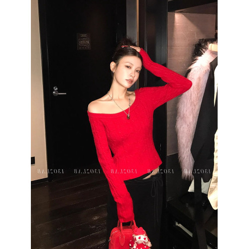 聖誕紅色露肩麻花毛衣女冬季法式拉夫風辣妹新年大圓領針織上衣