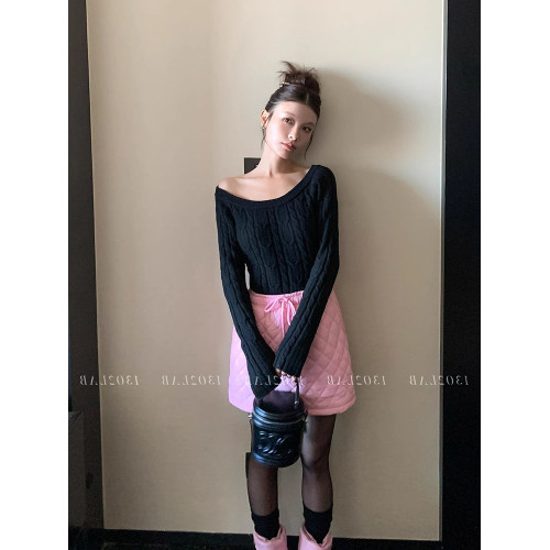 聖誕紅色露肩麻花毛衣女冬季法式拉夫風辣妹新年大圓領針織上衣