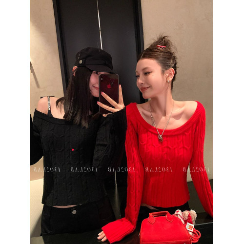 聖誕紅色露肩麻花毛衣女冬季法式拉夫風辣妹新年大圓領針織上衣