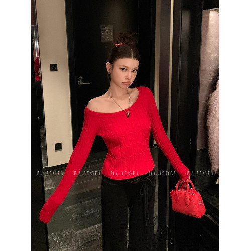 聖誕紅色露肩麻花毛衣女冬季法式拉夫風辣妹新年大圓領針織上衣