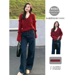 慵懶高級感聖誕紅色針織衫女秋冬季減齡漂亮洋氣立體花朵系帶毛衣