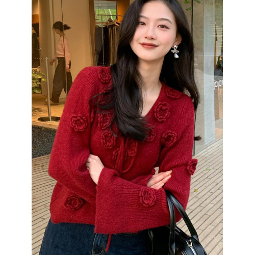 慵懶高級感聖誕紅色針織衫女秋冬季減齡漂亮洋氣立體花朵系帶毛衣