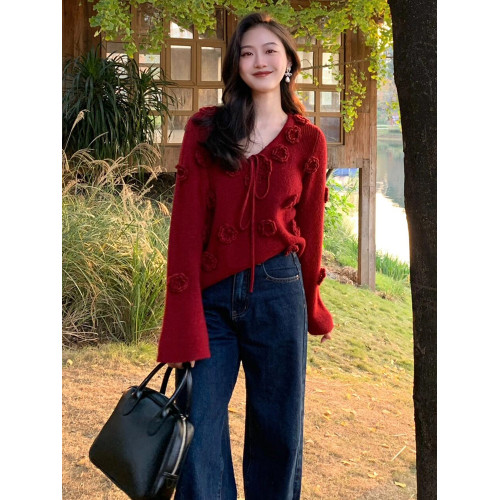 慵懶高級感聖誕紅色針織衫女秋冬季減齡漂亮洋氣立體花朵系帶毛衣