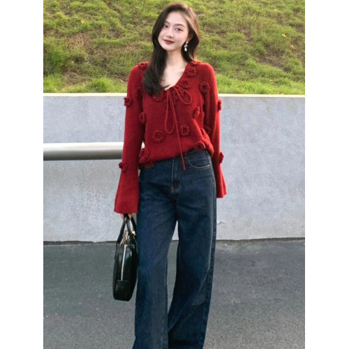 慵懶高級感聖誕紅色針織衫女秋冬季減齡漂亮洋氣立體花朵系帶毛衣