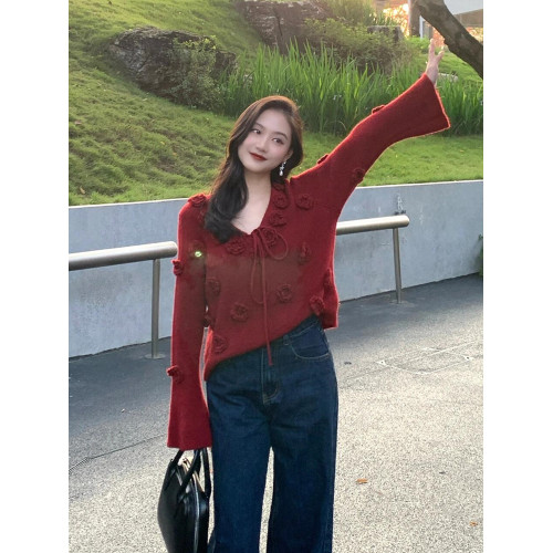 慵懶高級感聖誕紅色針織衫女秋冬季減齡漂亮洋氣立體花朵系帶毛衣