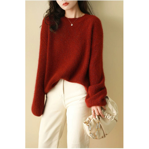 紅色亮絲針織衫毛衣女款2025秋冬寬松大碼套頭上衣聖誕紅羊毛衫