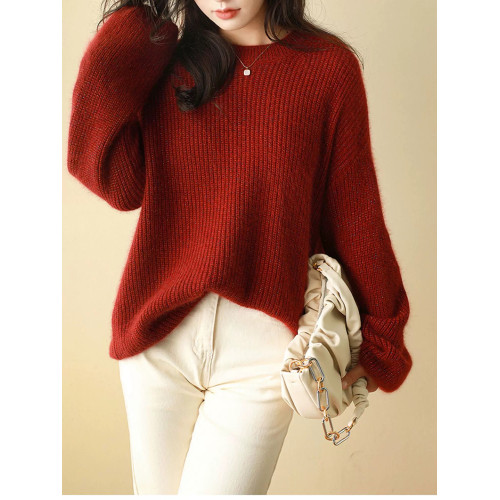 紅色亮絲針織衫毛衣女款2025秋冬寬松大碼套頭上衣聖誕紅羊毛衫