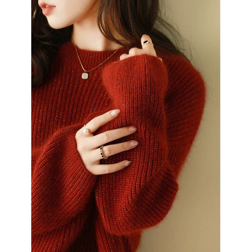紅色亮絲針織衫毛衣女款2025秋冬寬松大碼套頭上衣聖誕紅羊毛衫