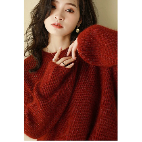 紅色亮絲針織衫毛衣女款2025秋冬寬松大碼套頭上衣聖誕紅羊毛衫