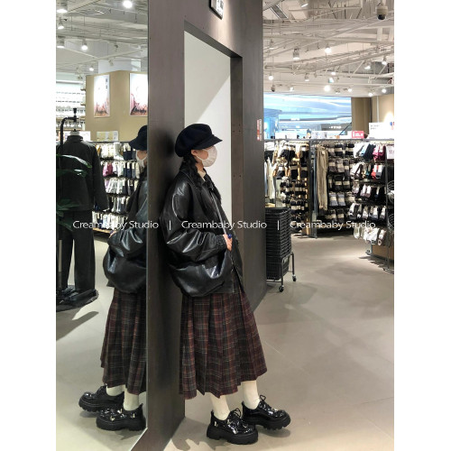 Creambaby Studio 聖誕紅色格子半身裙女秋冬復古百褶a字裙中長裙