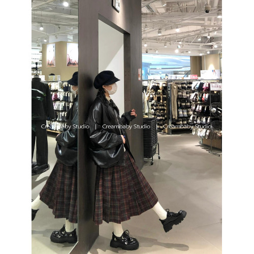 Creambaby Studio 聖誕紅色格子半身裙女秋冬復古百褶a字裙中長裙