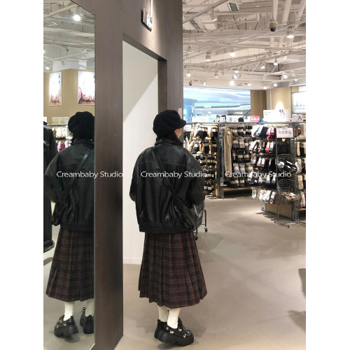 Creambaby Studio 聖誕紅色格子半身裙女秋冬復古百褶a字裙中長裙