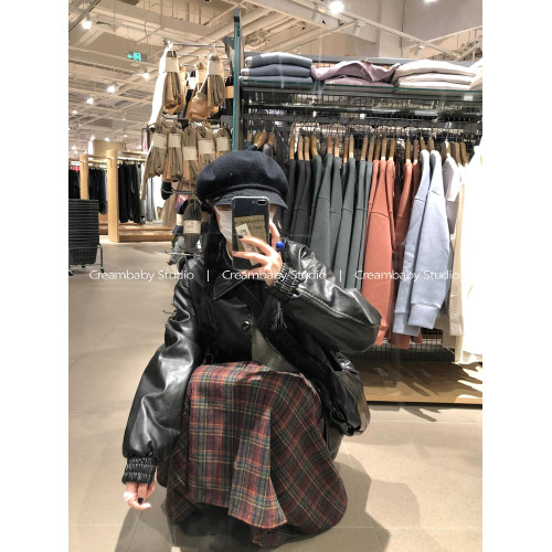 Creambaby Studio 聖誕紅色格子半身裙女秋冬復古百褶a字裙中長裙