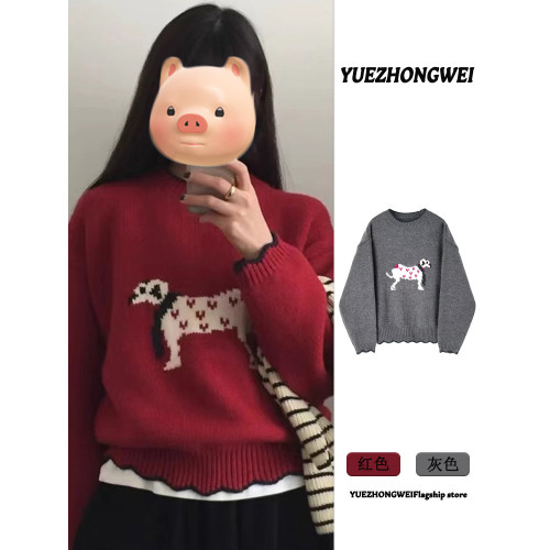 聖誕紅色卡通小狗套頭毛衣女款2025新款冬季加厚慵懶風針織衫上衣 聖誕紅色卡通小狗套頭毛衣女款2025新款冬季加厚慵懶風針織衫上衣