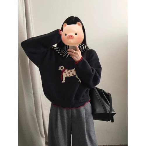 聖誕紅色卡通小狗套頭毛衣女款2025新款冬季加厚慵懶風針織衫上衣 聖誕紅色卡通小狗套頭毛衣女款2025新款冬季加厚慵懶風針織衫上衣