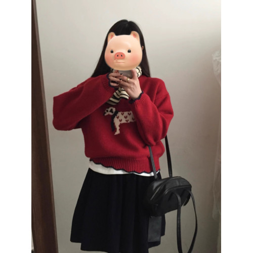 聖誕紅色卡通小狗套頭毛衣女款2025新款冬季加厚慵懶風針織衫上衣 聖誕紅色卡通小狗套頭毛衣女款2025新款冬季加厚慵懶風針織衫上衣