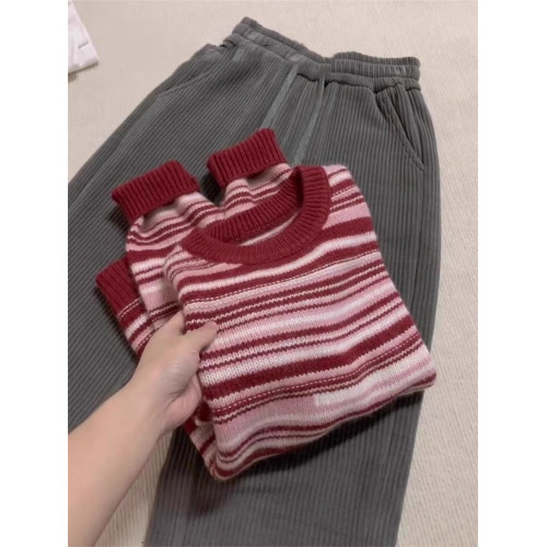 歐貨高級感聖誕紅色條紋套頭毛衣女秋冬慵懶風濮院軟糯羊毛針織衫