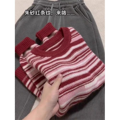 歐貨高級感聖誕紅色條紋套頭毛衣女秋冬慵懶風濮院軟糯羊毛針織衫