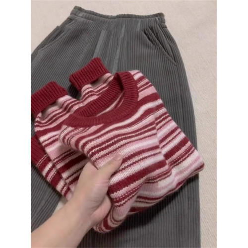 歐貨高級感聖誕紅色條紋套頭毛衣女秋冬慵懶風濮院軟糯羊毛針織衫