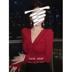 聖誕紅色立體花朵褶皺v領長袖T恤女冬季純欲辣妹修身顯瘦打底上衣