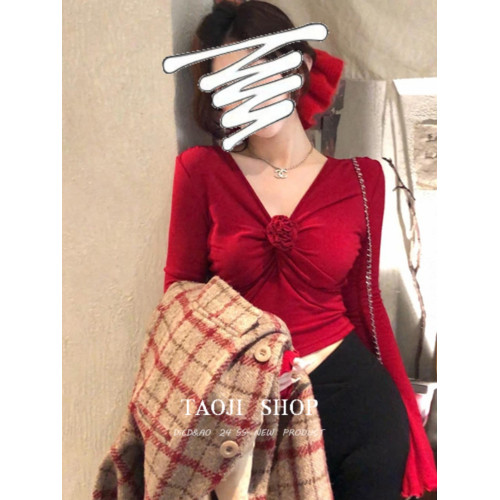 聖誕紅色立體花朵褶皺v領長袖T恤女冬季純欲辣妹修身顯瘦打底上衣