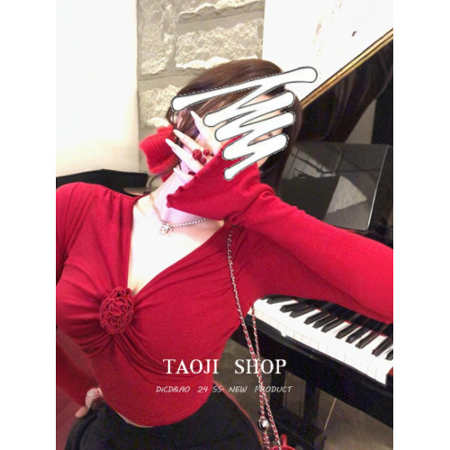 聖誕紅色立體花朵褶皺v領長袖T恤女冬季純欲辣妹修身顯瘦打底上衣