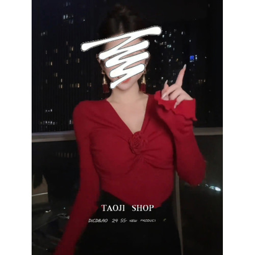 聖誕紅色立體花朵褶皺v領長袖T恤女冬季純欲辣妹修身顯瘦打底上衣