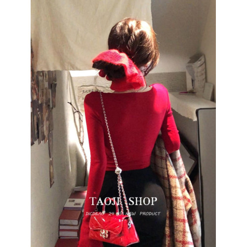 聖誕紅色立體花朵褶皺v領長袖T恤女冬季純欲辣妹修身顯瘦打底上衣