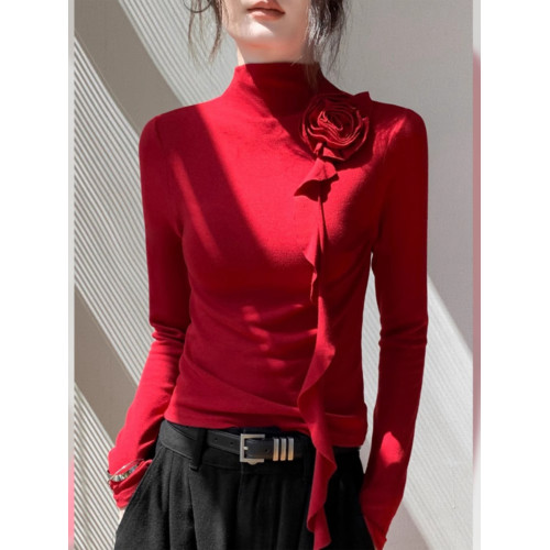 今年流行設計感純欲別致絕美上衣聖誕紅色高領玫瑰飄帶內搭T恤冬 今年流行設計感純欲別致絕美上衣聖誕紅色高領玫瑰飄帶內搭T恤冬