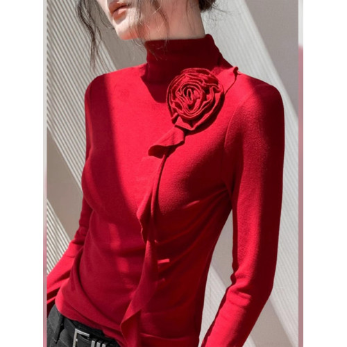 今年流行設計感純欲別致絕美上衣聖誕紅色高領玫瑰飄帶內搭T恤冬 今年流行設計感純欲別致絕美上衣聖誕紅色高領玫瑰飄帶內搭T恤冬