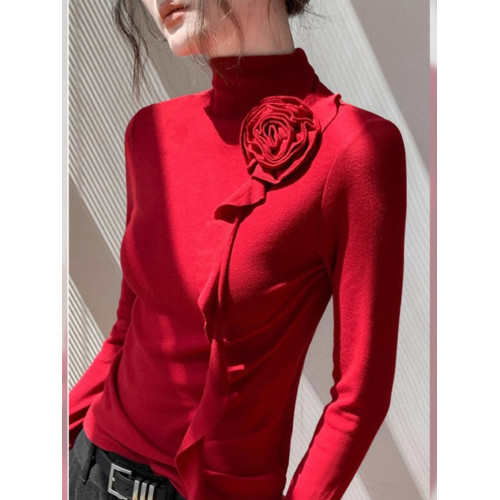 今年流行設計感純欲別致絕美上衣聖誕紅色高領玫瑰飄帶內搭T恤冬 今年流行設計感純欲別致絕美上衣聖誕紅色高領玫瑰飄帶內搭T恤冬